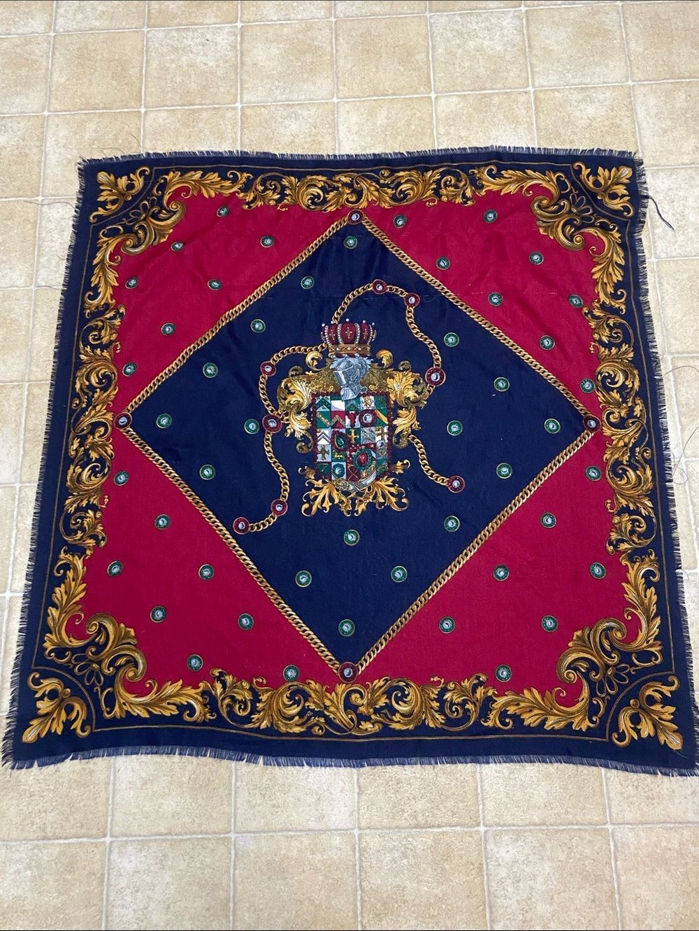 Vintage Style Basha Scarves Inc. Navy & Gold Ornate Square Scarf Approxi35”X35”